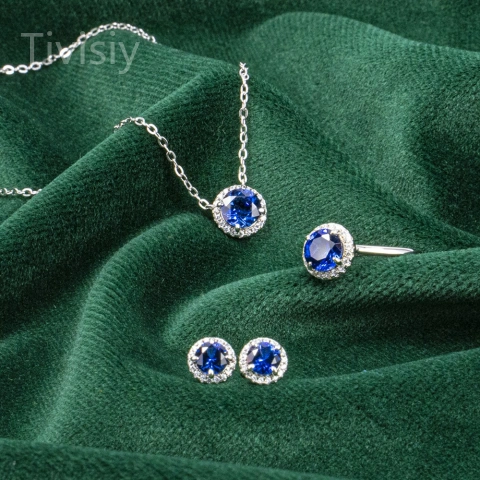 Synthetic Sapphire Round Brillliant Cut Jewelry Set